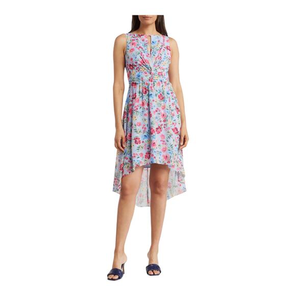 Vince Camuto dress Crinkle chiffon keyhole sleeveless floral blue size 14 - Picture 1 of 5